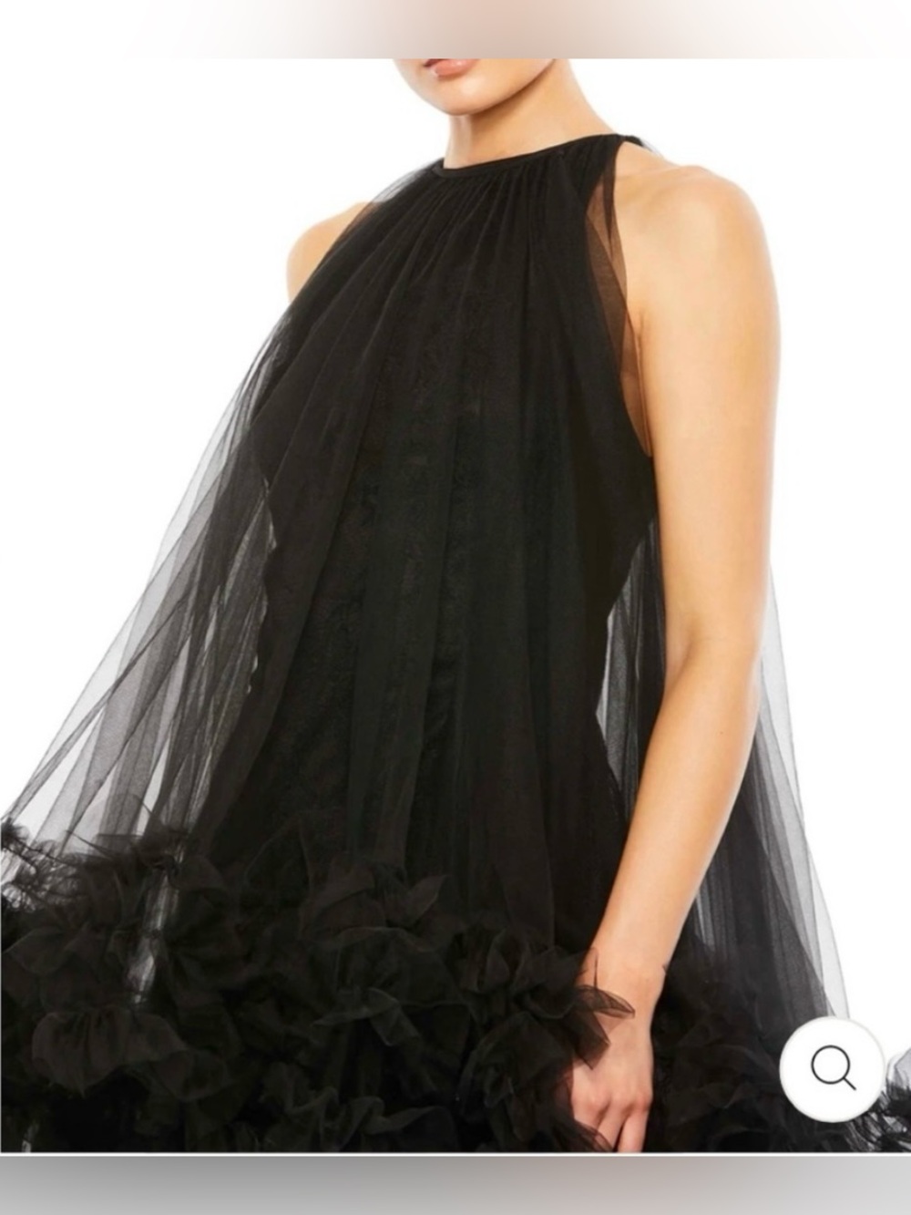 New Mac Duggal Tulle High Neck Sleeveless Ruffled Hem Hi Lo Gown - Picture 3 of 12